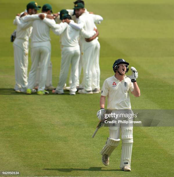 Dom Bess of England reacts as he leaves the field after being bowled during the fourth day of the 1st Natwest Test match between England and Pakistan...