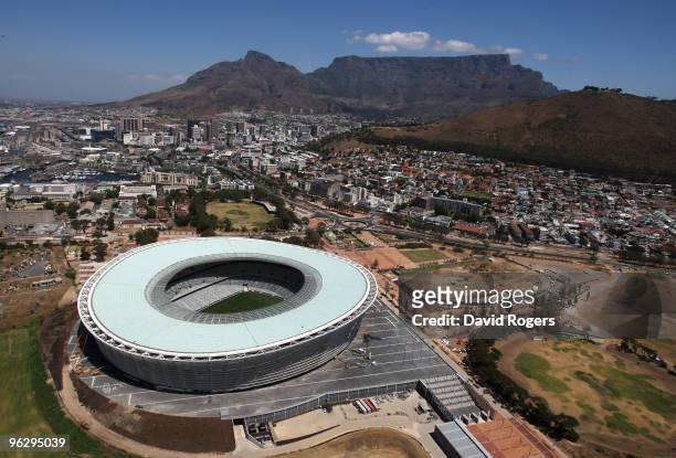 An aerial view of the Green Point Stadium which will host matches in the FIFA 2010 World Cup, on January 26, 2010 in Cape Town, South Africa.