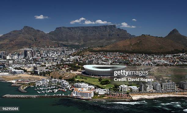 An aerial view of the Green Point Stadium which will host matches in the FIFA 2010 World Cup, on January 26, 2010 in Cape Town, South Africa.