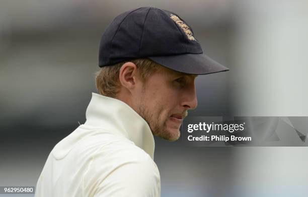 Joe Root looks on after England lost the 1st Natwest Test match between England and Pakistan at Lord's cricket ground on May 27, 2018 in London,...