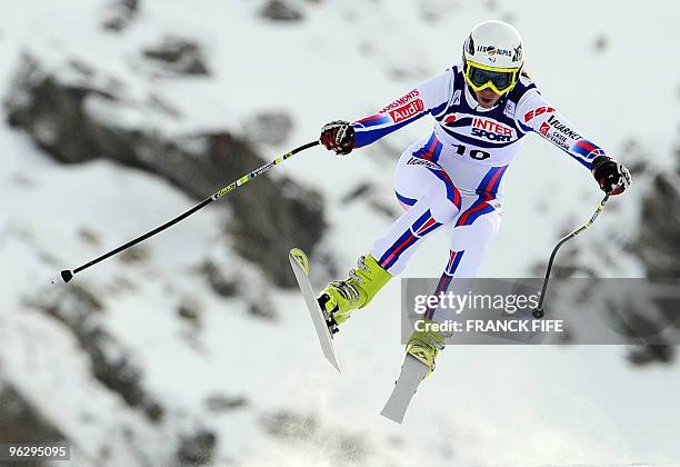 France's Sandrine Aubert competes during the FIS Ski World Cup Women's Super Combined Downhill race, on December 18, 2009 in Val-D'Isere, French...