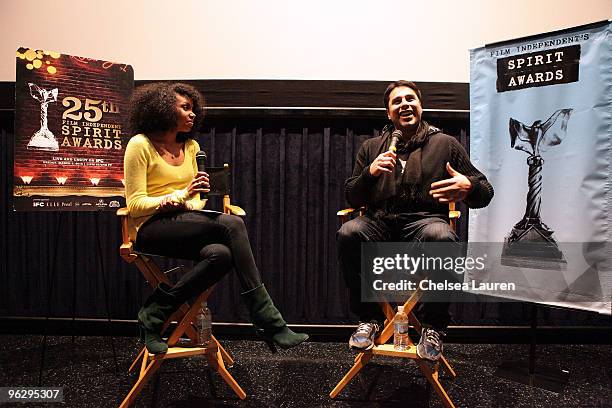 Moderator Codie Brooks and director / producer Kristopher Belman attend Film Independent's Spirit Awards screening of "More Than a Game" at Regal 14...