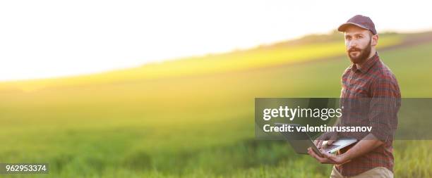 young farmer using laptop on field - farmer dawn stock pictures, royalty-free photos & images