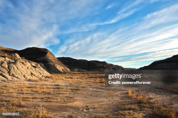 hdr landscape of the canadian badlands at sunrise in alberta, canada - drumheller stock pictures, royalty-free photos & images