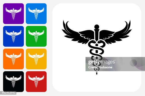caduceus icon square button set - caduceus stock illustrations