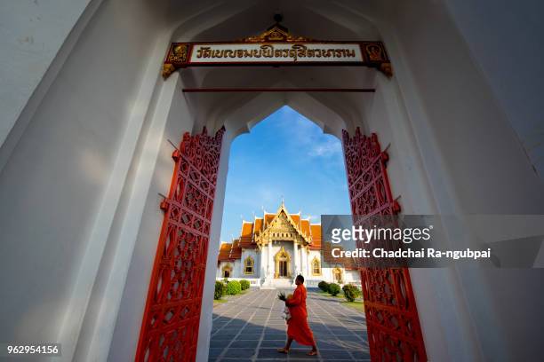 asian monks in thailand are taking alms in the morning at wat benchamabophit in bangkok, thailand - wat benchamabophit stockfoto's en -beelden