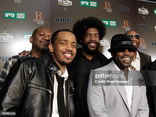 Damon Bryson 'Tuba Gooding Jr', Questlove and Black Thought of The Roots attend the 6th Annual Roots Jam Session at Key Club on January 30, 2010 in...