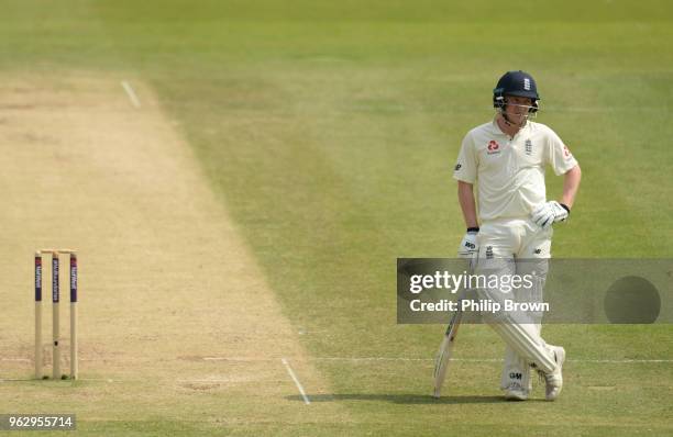 Dom Bess of England looks on during the fourth day of the 1st Natwest Test match between England and Pakistan at Lord's cricket ground on May 27,...