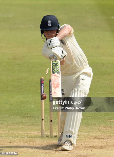 Dom Bess of England is bowled during the fourth day of the 1st Natwest Test match between England and Pakistan at Lord's cricket ground on May 27,...