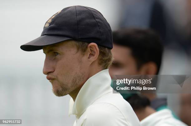 Joe Root looks on after England lost the 1st Natwest Test match between England and Pakistan at Lord's cricket ground on May 27, 2018 in London,...