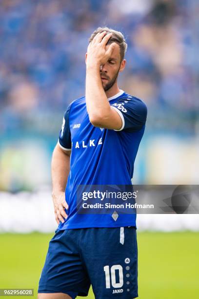 Patrick Mayer of Mannheim reacts during the Third League Playoff Leg 2 match between SV Waldhof Mannheim and KFC Uerdingen at Carl-Benz-Stadium on...