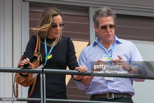 Actor Hugh Grant and wife Anna Elisabet Eberstein are seen during the Monaco Formula One Grand Prix at Circuit de Monaco on May 27, 2018 in...