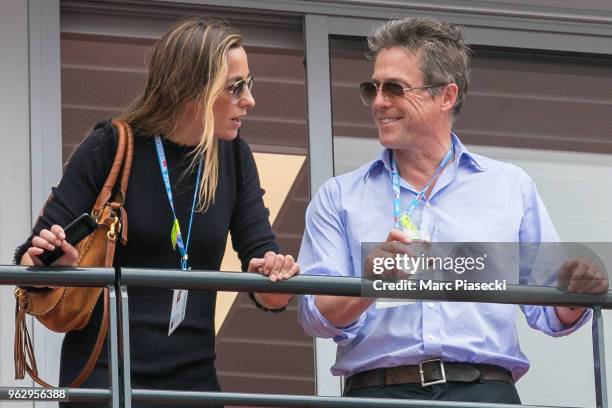 Actor Hugh Grant and wife Anna Elisabet Eberstein are seen during the Monaco Formula One Grand Prix at Circuit de Monaco on May 27, 2018 in...