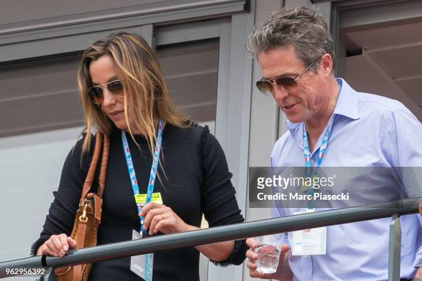 Actor Hugh Grant and wife Anna Elisabet Eberstein are seen during the Monaco Formula One Grand Prix at Circuit de Monaco on May 27, 2018 in...
