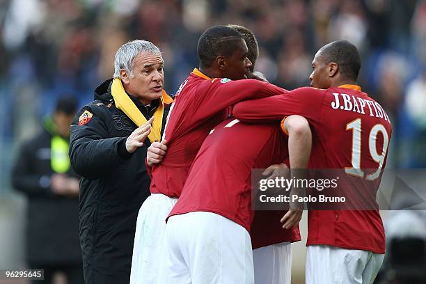 Julio Baptista , John Arne Riise , Juan and Claudio Ranieri of AS Roma celebrate the opening goal during the Serie A match between Roma and Siena at...