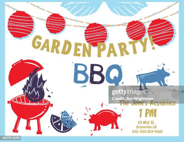 grill/garten party linolschnitt briefmarken - gartenparty stock-grafiken, -clipart, -cartoons und -symbole
