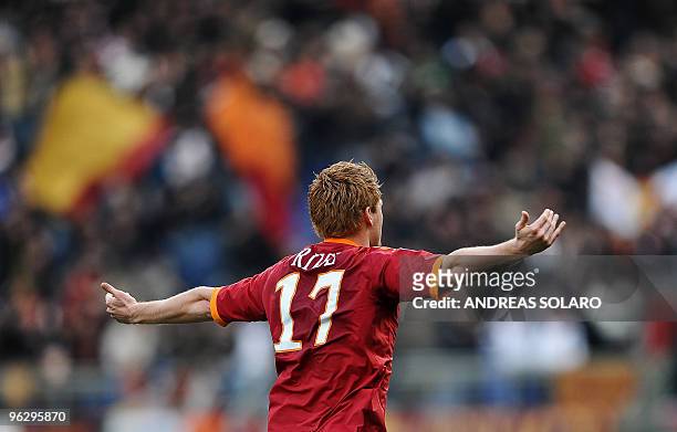 Roma's Norwegian defender John Arne Riise celebrates after scoring against Siena during their Italian Serie A football match on January 31 2010 at...
