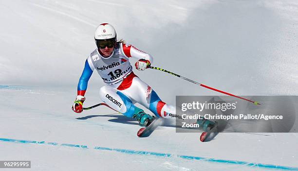 Fabienne Suter of Switzerland takes 4th place during the Audi FIS Alpine Ski World Cup Women's Super G on January 31, 2010 in St. Moritz, Switzerland.