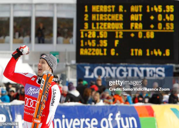 Reinfried Herbst of Austria takes 1st place during the Audi FIS Alpine Ski World Cup Men's Slalom on January 31, 2010 in Kranjska Gora, Slovenia.