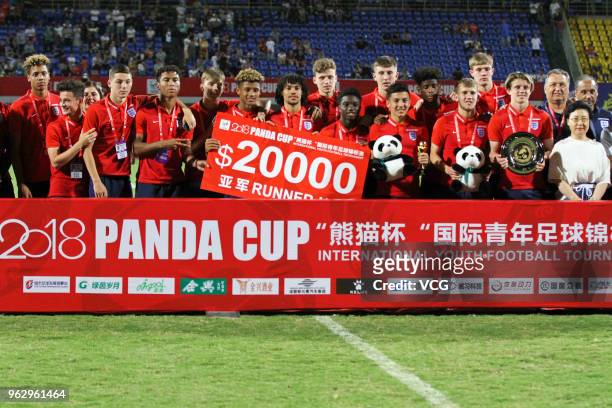 Runner-up England U19 National Team pose at awarding ceremony of the 2018 Panda Cup International Youth Football Tournament at Chengdu Shuangliu...