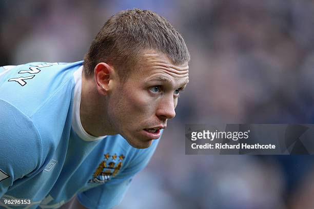 Craig Bellamy of Manchester City looks on during the Barclays Premier League match between Manchester City and Portsmouth at the City of Manchester...