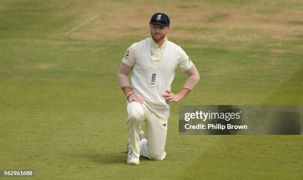 Ben Stokes of England looks on during the fourth day of the 1st Natwest Test match between England and Pakistan at Lord's cricket ground on May 27,...