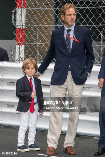 Andrea Casiraghi and son Alexandre Casiraghi are seen during the Monaco Formula One Grand Prix at Circuit de Monaco on May 27, 2018 in Monte-Carlo,...