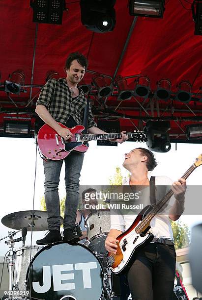 Nic Cester, Chris Cester and Mark Wilson of the band Jet performs at the Perth leg of the Big Day Out music festival at Claremont Showgrounds on...