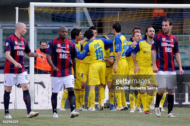 Sergio Pellissier of Chievo celebrates his goal with team mates during the Serie A match between Chievo and Bologna at Stadio Marc'Antonio Bentegodi...