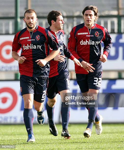 Andrea Lazzari Of Cagliari celebrates the goal during the Serie A match between Cagliari and Fiorentina at Stadio Sant'Elia on January 31, 2010 in...