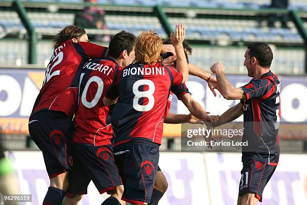 Davide Astori of Cagliari celebrates his goal during the Serie A match between Cagliari and Fiorentina at Stadio Sant'Elia on January 31, 2010 in...