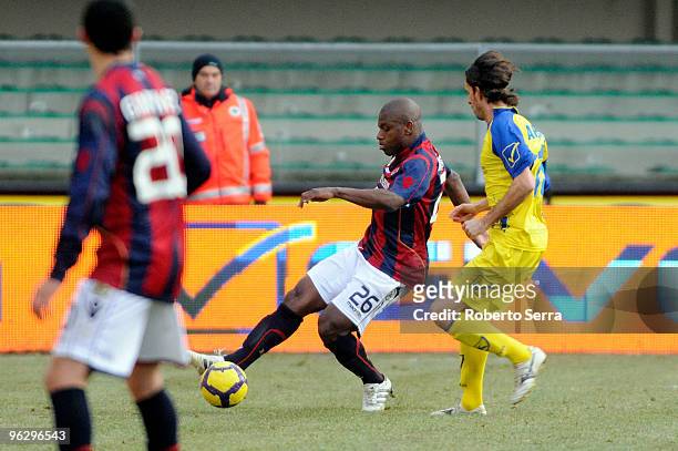 Gaby Mudingayi of Bologna competes with Elvis Abbruscato of Chievo Verona during the Serie A match between Chievo and Bologna at Stadio Marc'Antonio...