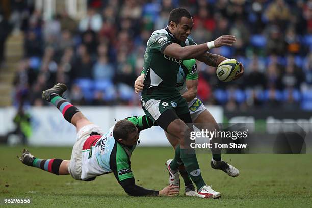 Sailosi Tagicakibau of London Irish is tackled during the LV Anglo Welsh Cup match between London Irish and Harlequins at the Madejski Stadium on...