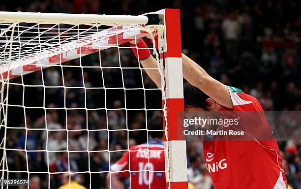 Marcin Lijewski of Poland looks dejected after the Men's Handball European place 3 match between Iceland and Poland at the Stadthalle on January 31,...