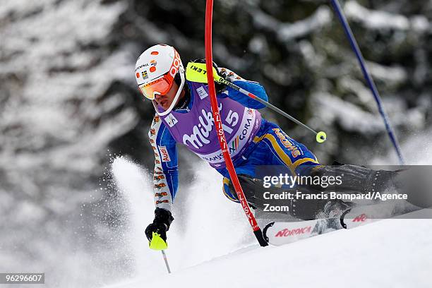 Andre Myhrer of Sweden skis during the Audi FIS Alpine Ski World Cup Men's Slalom on January 31, 2010 in Kranjska Gora, Slovenia.