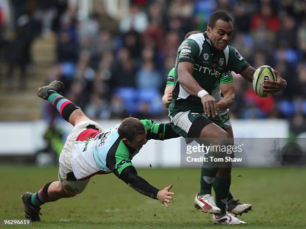 Sailosi Tagicakibau of London Irish is tackled during the LV Anglo Welsh Cup match between London Irish and Harlequins at the Madejski Stadium on...