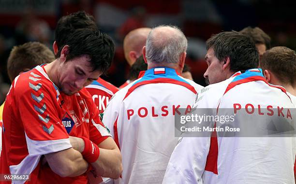 Marcin Lijewski of Poland looks dejected after the Men's Handball European place 3 match between Iceland and Poland at the Stadthalle on January 31,...