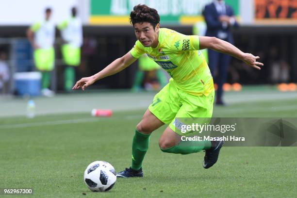 Toshiya Takagi of JEF United Chiba in action during the J.League J2 match between JEF United Chiba and Roasso Kumamoto at Fukuda Denshi Arena on May...
