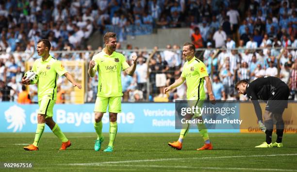 Marco Kehl-Gomez and Sebastian Jacob of FC Saarbruecken celebrate after the first goal during the TSV 1860 Muenchen v 1. FC Saarbruecken Third League...