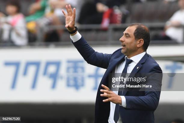 Juan Esnaider,coach of JEF United Chiba looks on during the J.League J2 match between JEF United Chiba and Roasso Kumamoto at Fukuda Denshi Arena on...