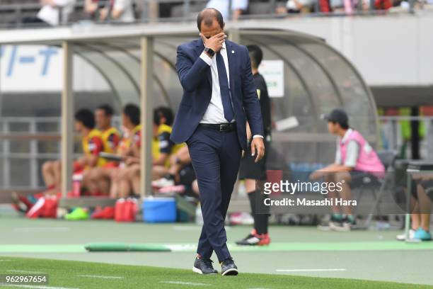Juan Esnaider,coach of JEF United Chiba looks on during the J.League J2 match between JEF United Chiba and Roasso Kumamoto at Fukuda Denshi Arena on...