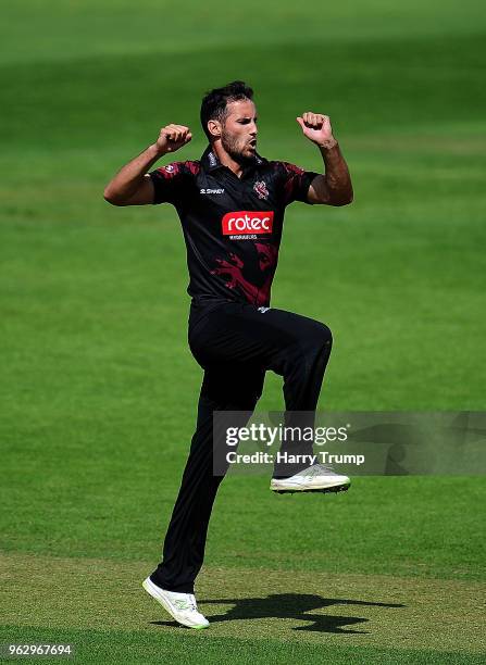 Lewis Gregory of Somerset celebrates the wicket of Nick Gubbins of Middlesex during the Royal London One-Day Cup match between Somerset and Middlesex...