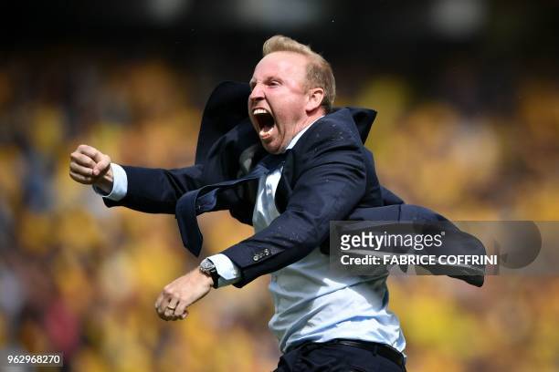 Zurich's Swiss head coach Ludovic Magnin celebrates after winning the Swiss Football Cup final match between FC Zurich and BSC Young Boys at the...