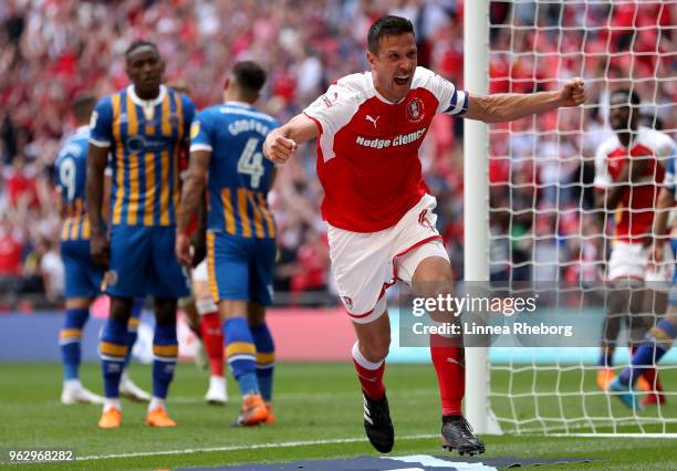 Richard Wood of Rotherham United celebrates after scoring his sides first goal during the Sky Bet League One Play Off Final between Rotherham United...