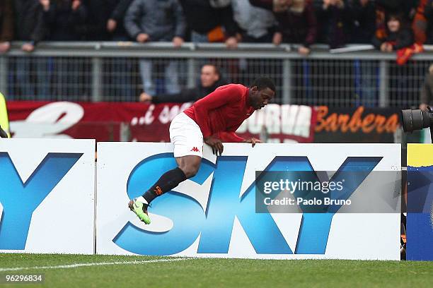 Stefano Okaka of AS Roma celebrates the second goal during the Serie A match between Roma and Siena at Stadio Olimpico on January 31, 2010 in Rome,...