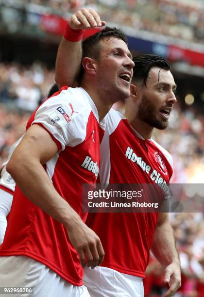 Richard Wood of Rotherham United celebrates after scoring his sides first goal with Richie Towell of Rotherham United during the Sky Bet League One...