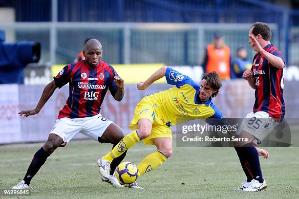 Gaby Mudingayi of Bologna competes with Luca Ariatti of Chievo Verona during the Serie A match between Chievo and Bologna at Stadio Marc'Antonio...