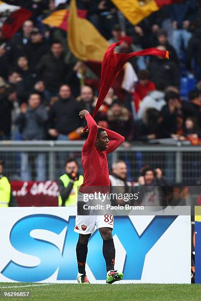 Stefano Okaka of AS Roma celebrates the second goal during the Serie A match between Roma and Siena at Stadio Olimpico on January 31, 2010 in Rome,...