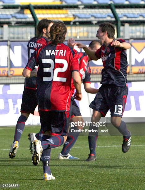 Davide Astori Of Cagliari celebrates the goal during the Serie A match between Cagliari and Fiorentina at Stadio Sant'Elia on January 31, 2010 in...