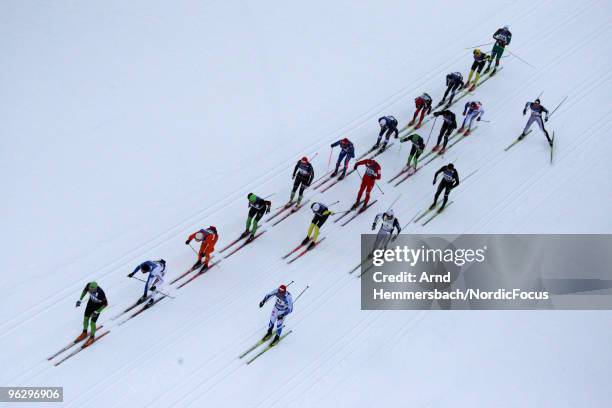 The 1st group is seen from a helicopter during the 37th FIS Marathon Cup Marcialonga of Fiemme and Fassa on January 31, 2010 in Val di Fiemme, Italy.